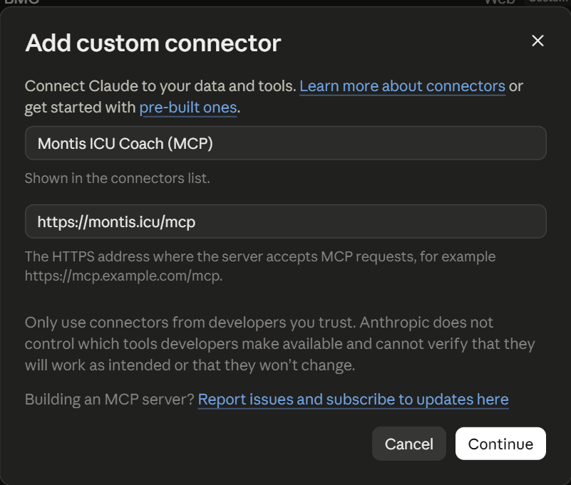 Add the Montis MCP connector: name and URL