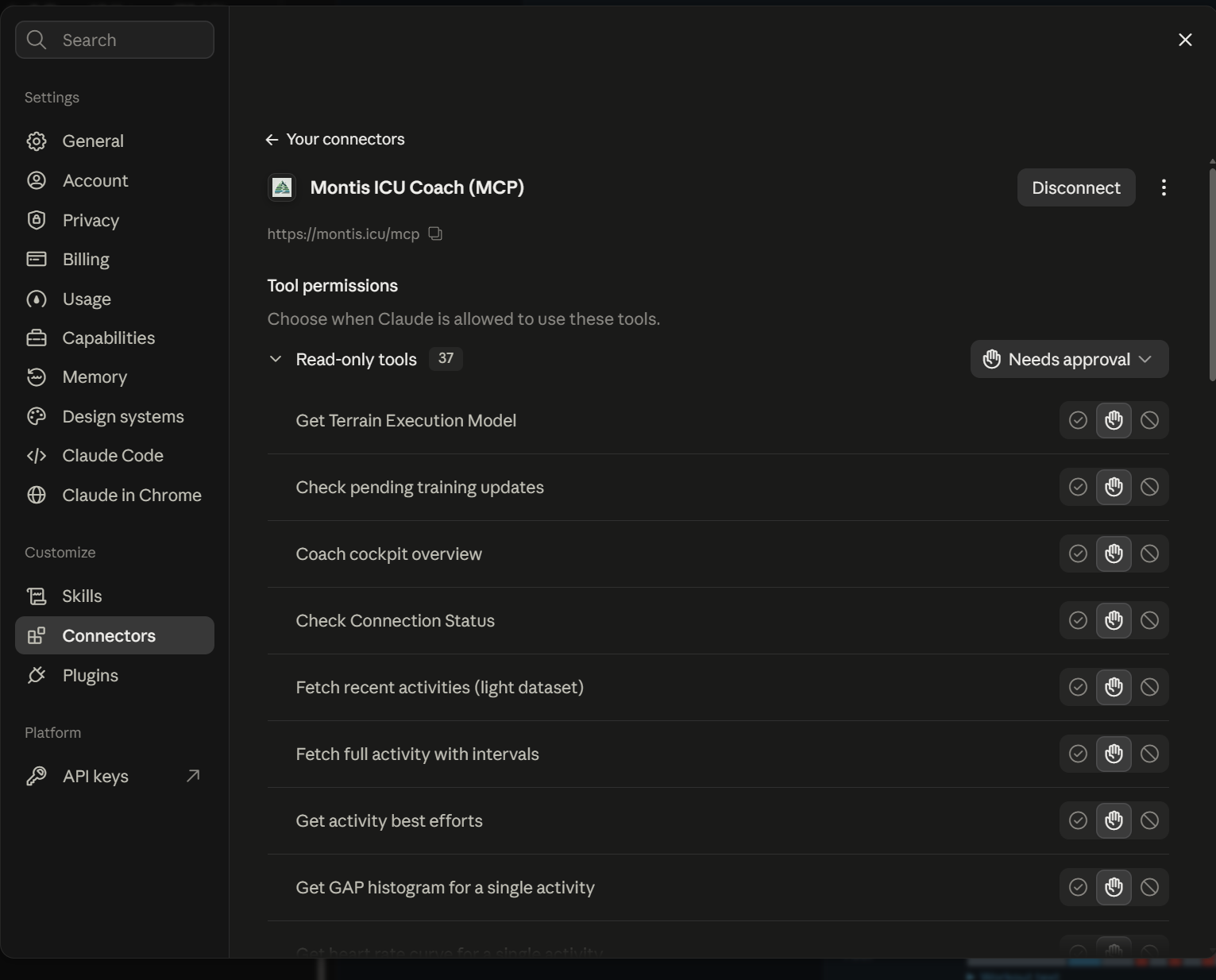 Montis MCP tool permissions listed in Claude