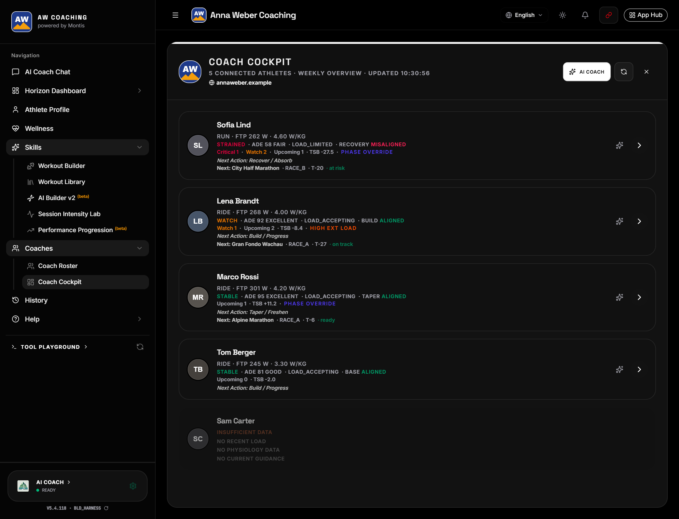The Montis App in a coach's black and white theme