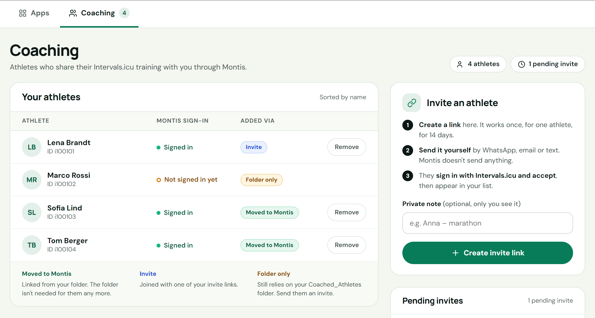 The Coaching tab in the App Hub, with Your athletes and Invite an athlete
