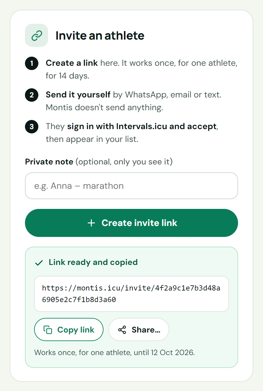 Invite link ready and copied, with Copy link and Share buttons