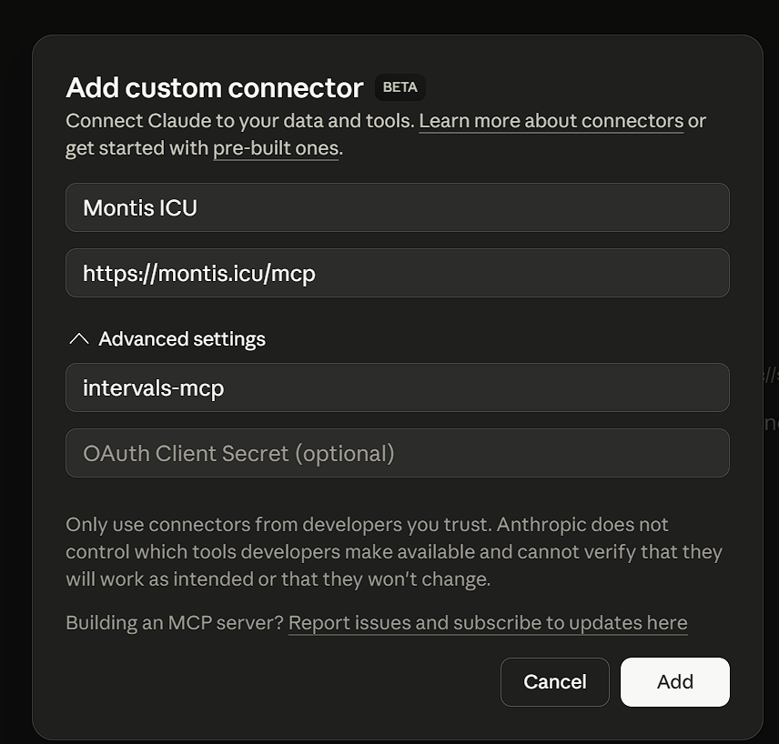 Add Montis MCP connector in Claude