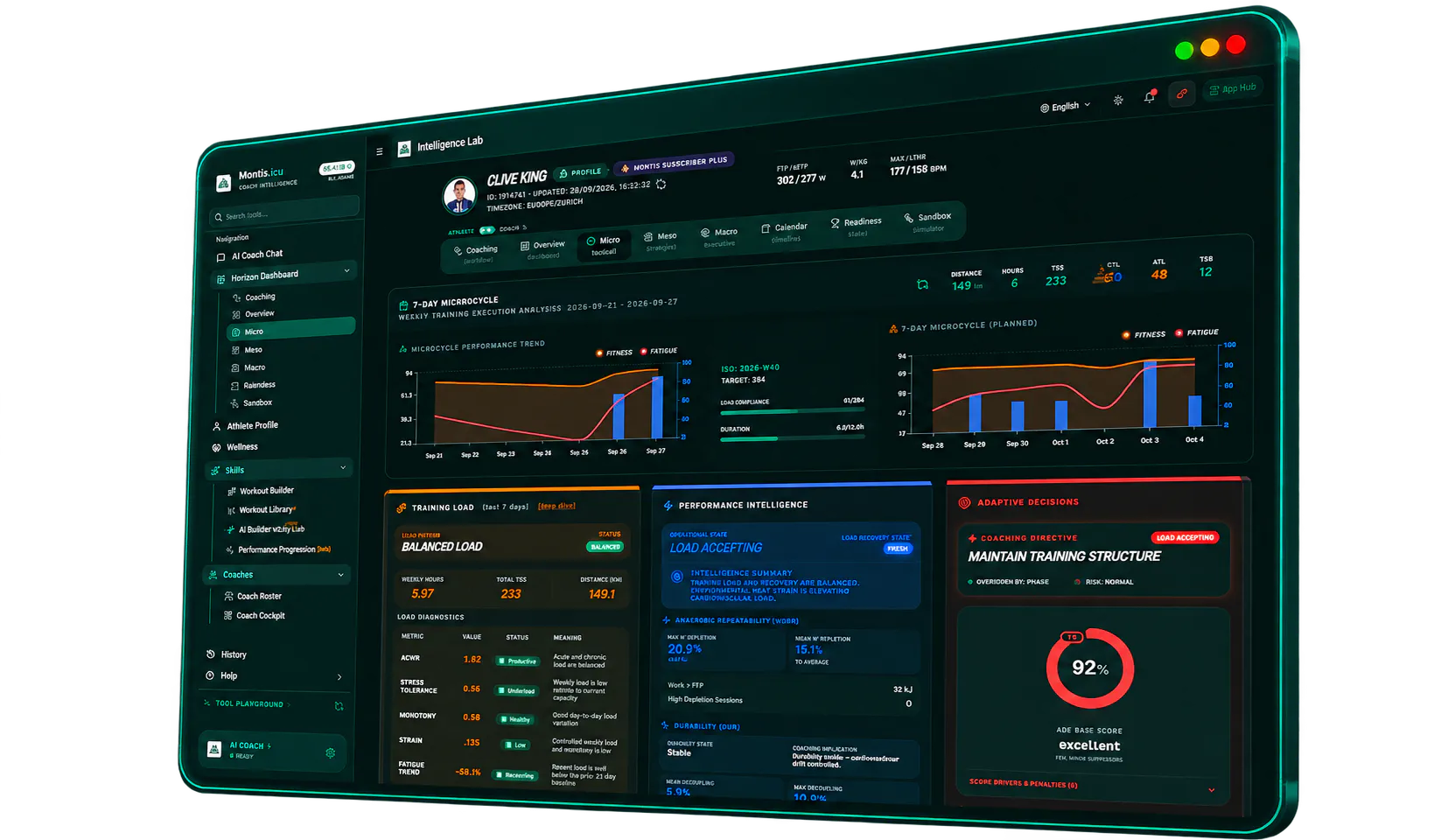 Montis App microcycle view with training load, performance intelligence and adaptive decisions